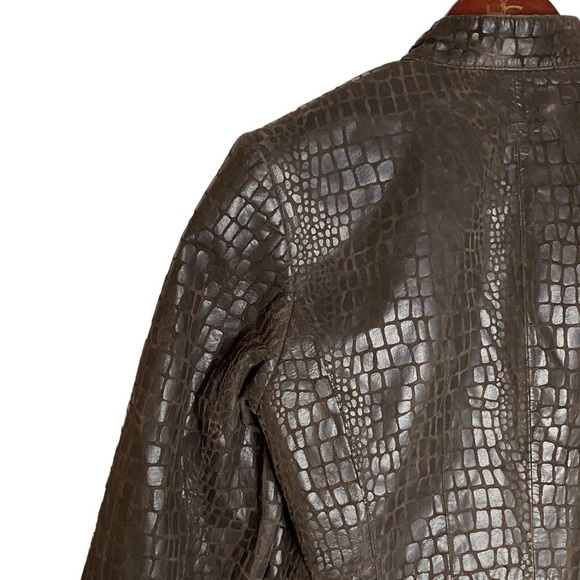 Alfani Petite Brown Leather Jacket Crew Neck Snake Skin Pockets Peplum PP - Picture 8 of 16